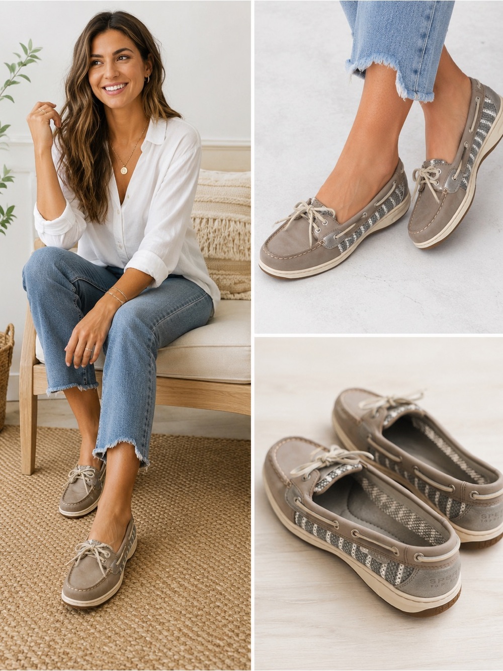 Sperry Top-Sider Women Boat Shoes Gray Taupe Leather & Fabric Lace-Up Loafers 8